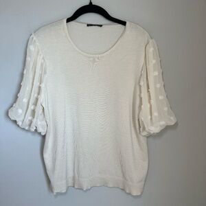 Adrianna Papell Womens Sweater Cream Knit Chiffon Sleeve With Puff Dots Sz Large
